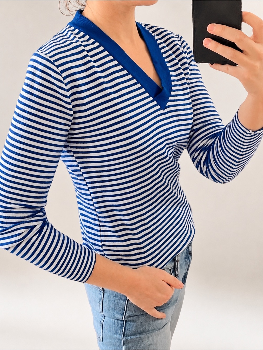 VTG Blue White Stripe V Neck Knit Pullover Sweater Jumper Academia Prep XS S M - Picture 14 of 16